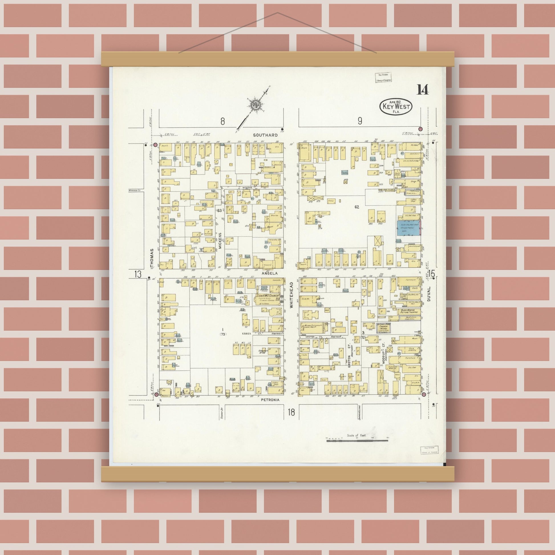 Old map wall art mockup — magnetic wood frame on brick wall — Sanborn Fire Insurance Map from Key West, Monroe County, Florida (1912), Sheet #0014