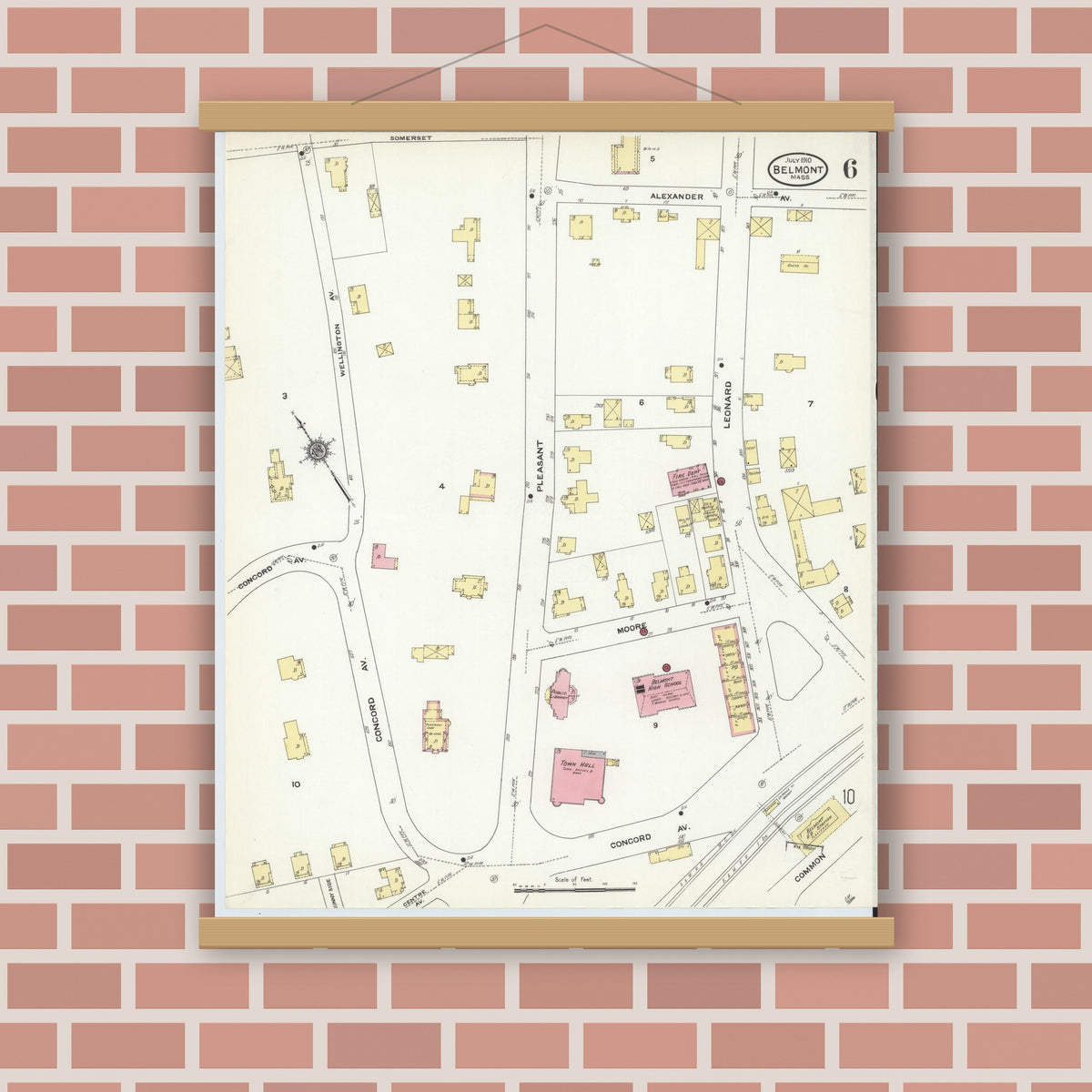 Old map wall art mockup — magnetic wood frame on brick wall — Sanborn Fire Insurance Map from Belmont, Middlesex County, Massachusetts (1910), Sheet #0006