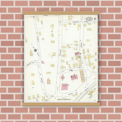 Old map wall art mockup — magnetic wood frame on brick wall — Sanborn Fire Insurance Map from Belmont, Middlesex County, Massachusetts (1910), Sheet #0006