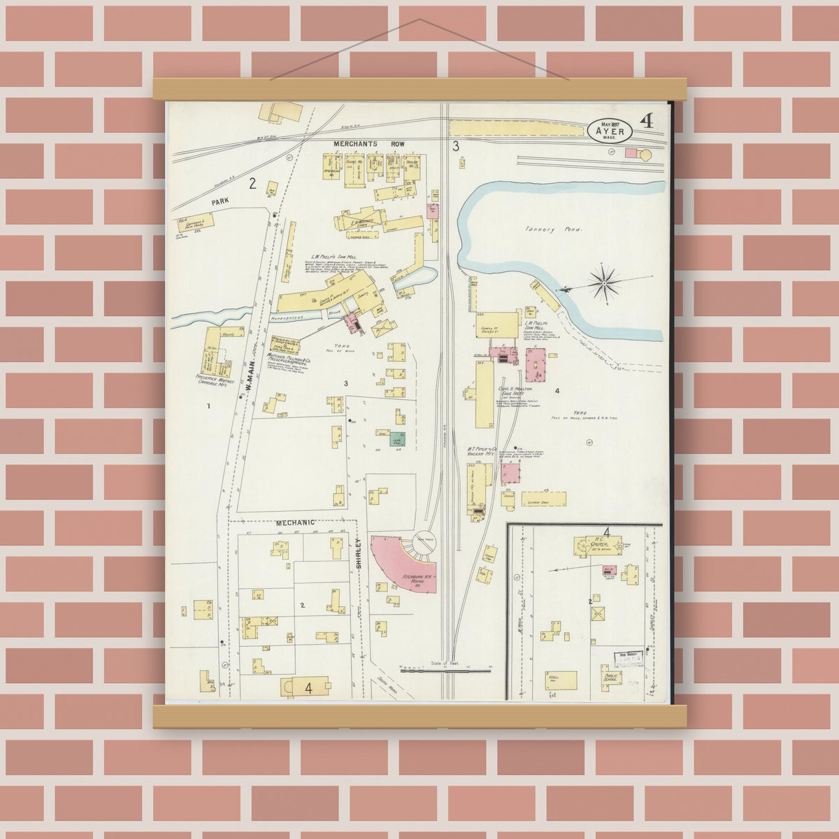 Old map wall art mockup — magnetic wood frame on brick wall — Sanborn Fire Insurance Map from Ayer, Middlesex County, Massachusetts (1897), Sheet #0004