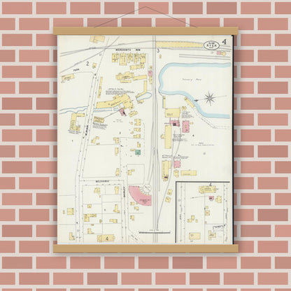 Old map wall art mockup — magnetic wood frame on brick wall — Sanborn Fire Insurance Map from Ayer, Middlesex County, Massachusetts (1897), Sheet #0004