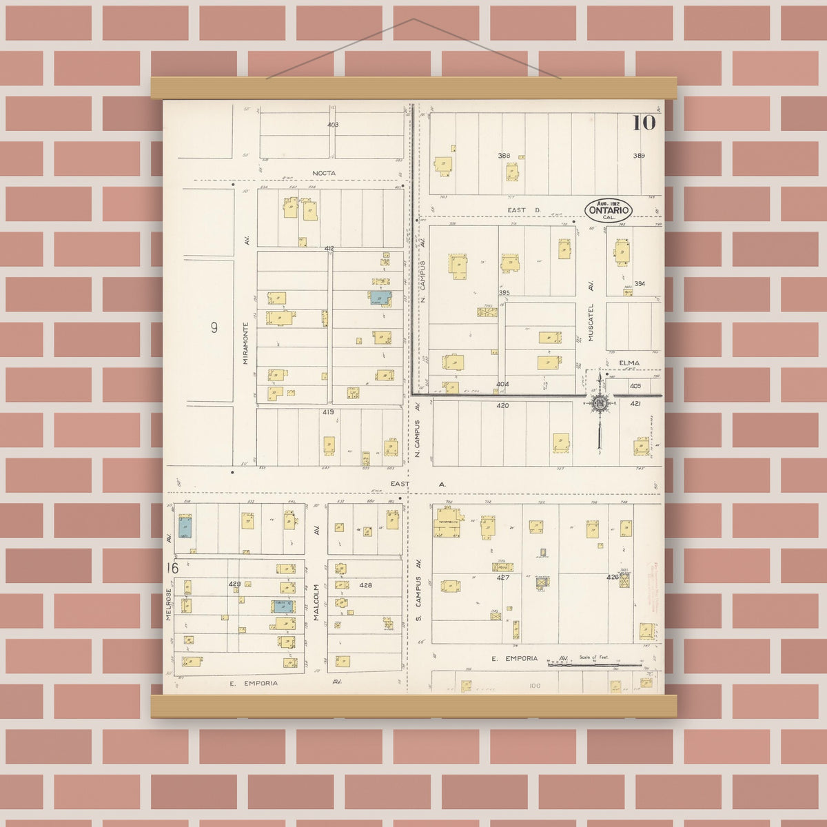 Old map wall art mockup — magnetic wood frame on brick wall — Sanborn Fire Insurance Map from Ontario, San Bernardino County, California (1912), Sheet #0010