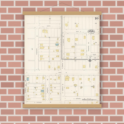 Old map wall art mockup — magnetic wood frame on brick wall — Sanborn Fire Insurance Map from Ontario, San Bernardino County, California (1912), Sheet #0010