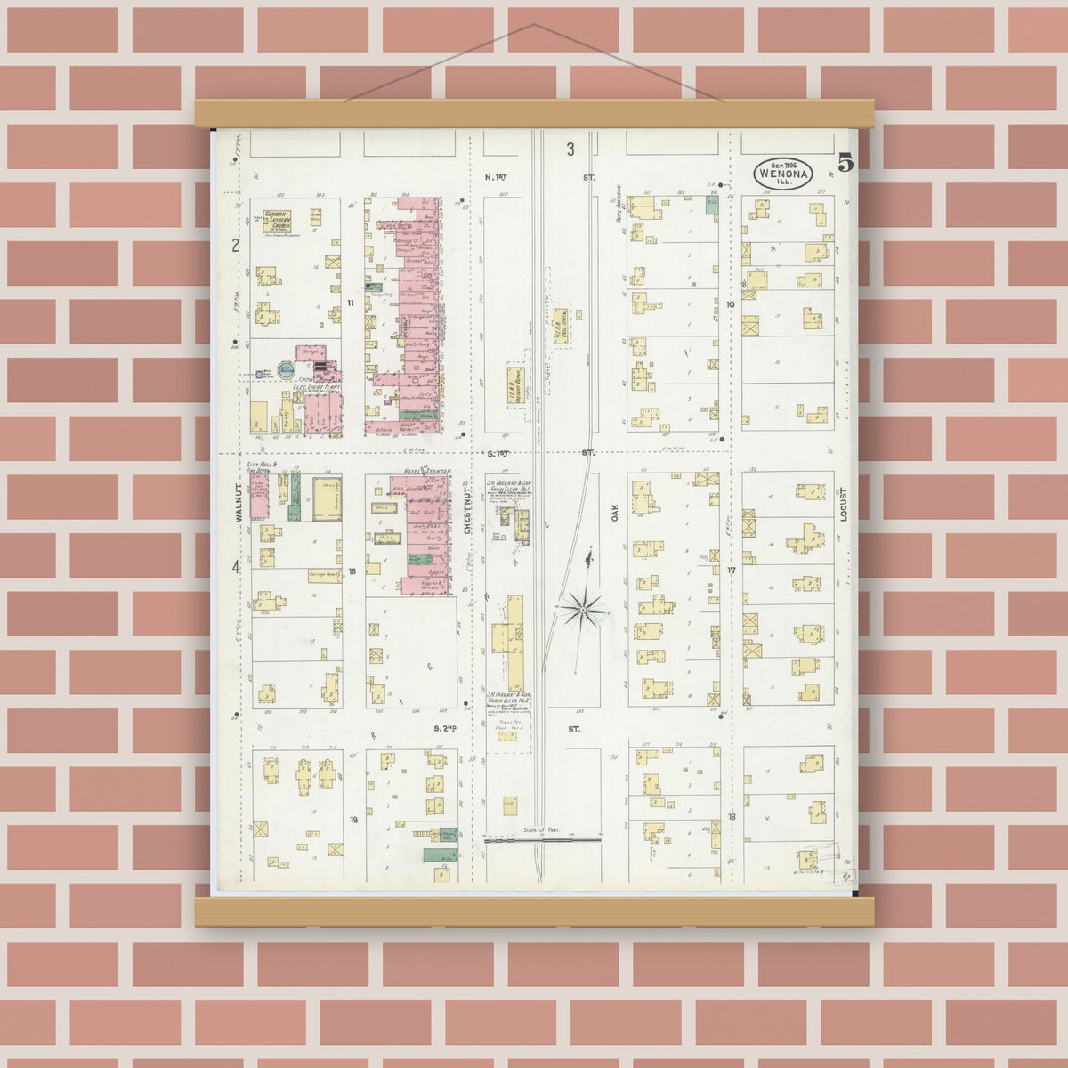 Old map wall art mockup — magnetic wood frame on brick wall — Sanborn Fire Insurance Map from Wenona, Marshall County, Illinois (1906), Sheet #0005
