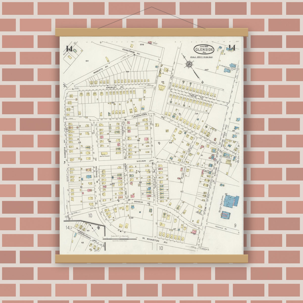 Old map wall art mockup — magnetic wood frame on brick wall — Sanborn Fire Insurance Map from Glenside, Montgomery County, Pennsylvania (1925), Sheet #0014