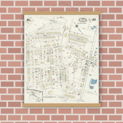 Old map wall art mockup — magnetic wood frame on brick wall — Sanborn Fire Insurance Map from Glenside, Montgomery County, Pennsylvania (1925), Sheet #0014