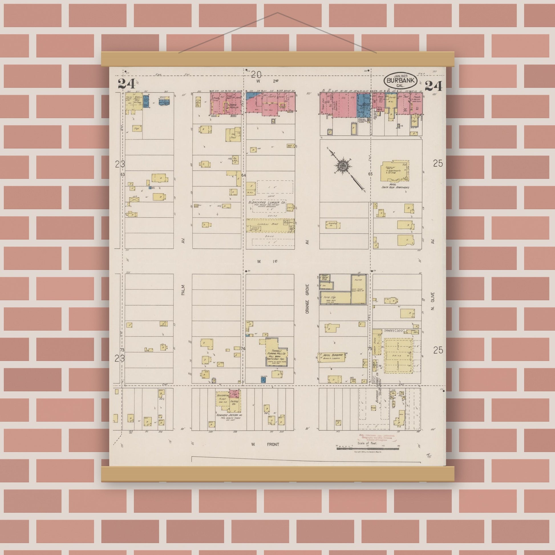 Old map wall art mockup — magnetic wood frame on brick wall — Sanborn Fire Insurance Map from Burbank, Los Angeles County, California (1923), Sheet #0024