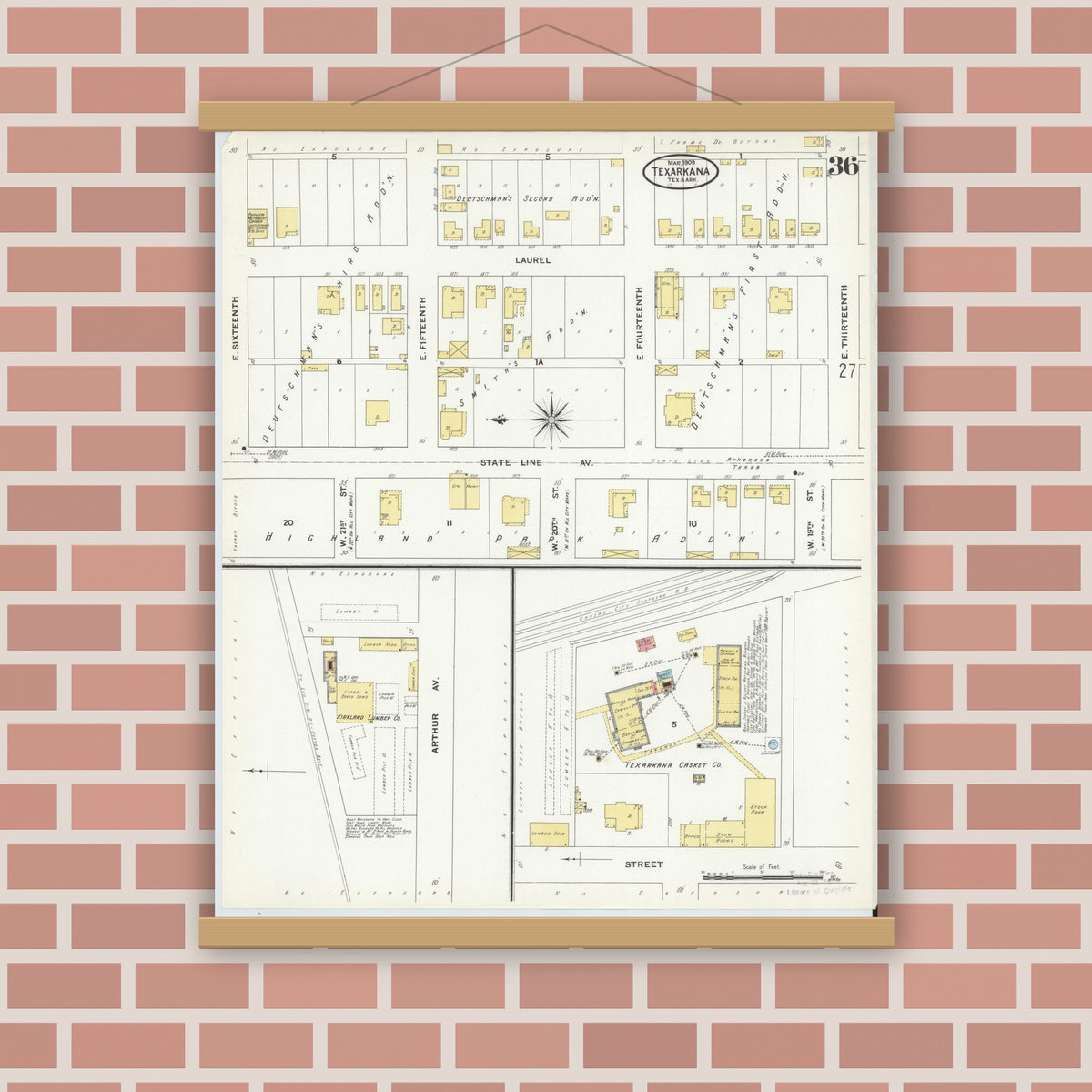 Old map wall art mockup — magnetic wood frame on brick wall — Sanborn Fire Insurance Map from Texarkana, Bowie County, Texas (1909), Sheet #0036