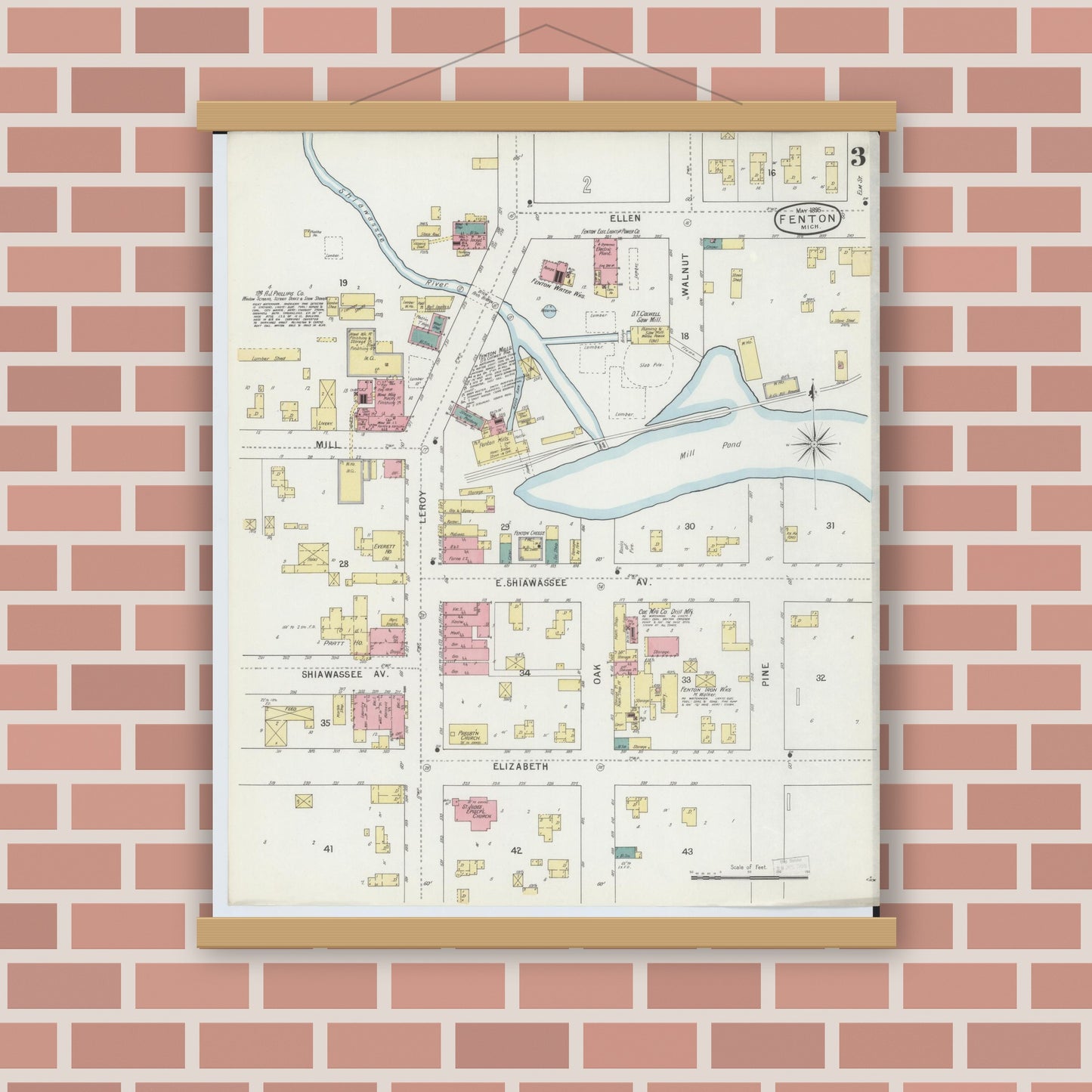 Old map wall art mockup — magnetic wood frame on brick wall — Sanborn Fire Insurance Map from Fenton, Genesee County, Michigan (1895), Sheet #0003