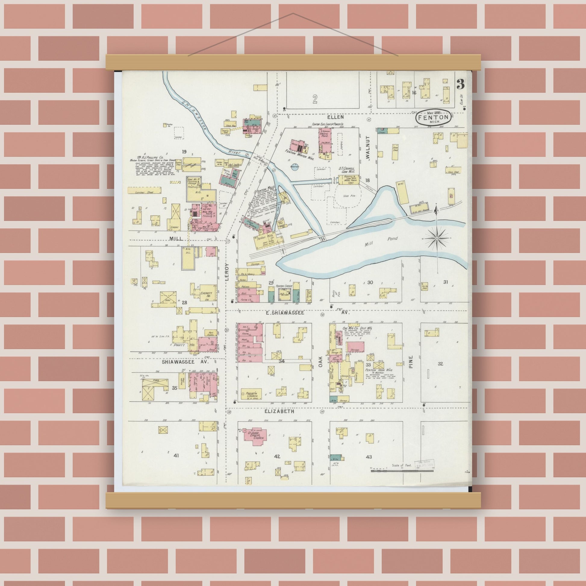 Old map wall art mockup — magnetic wood frame on brick wall — Sanborn Fire Insurance Map from Fenton, Genesee County, Michigan (1895), Sheet #0003
