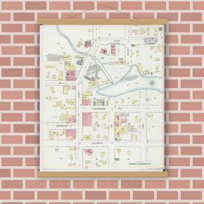 Old map wall art mockup — magnetic wood frame on brick wall — Sanborn Fire Insurance Map from Fenton, Genesee County, Michigan (1895), Sheet #0003