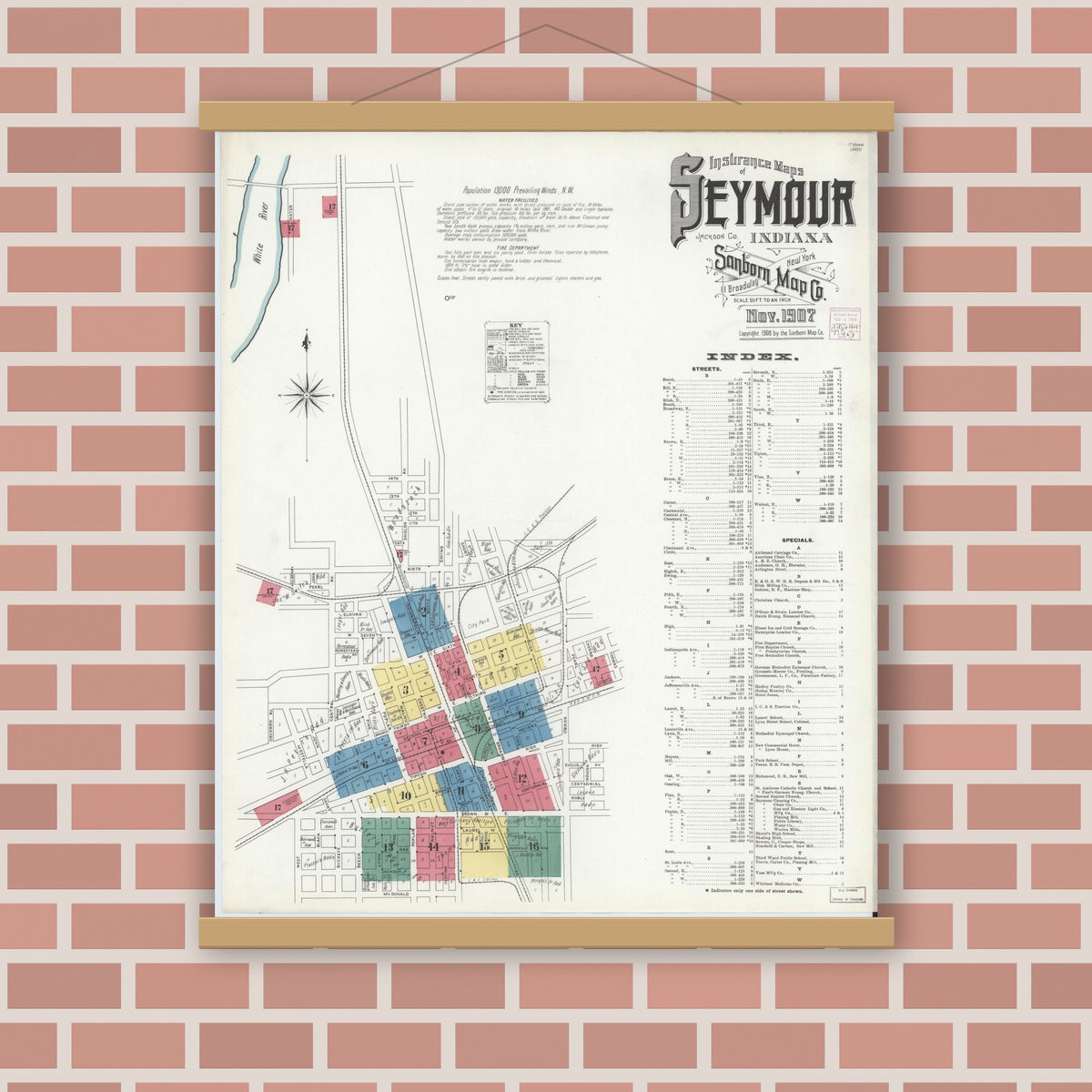 Old map wall art mockup — magnetic wood frame on brick wall — Sanborn Fire Insurance Map from Seymour, Jackson County, Indiana (1907), Sheet #0001
