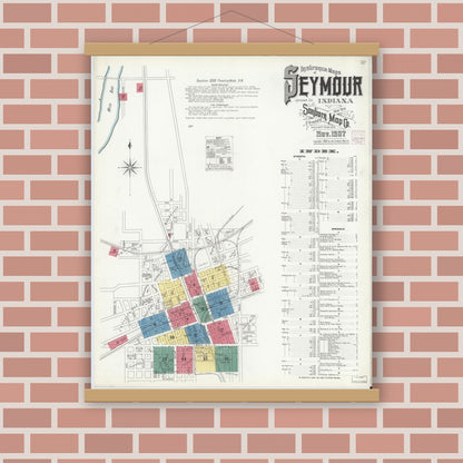 Old map wall art mockup — magnetic wood frame on brick wall — Sanborn Fire Insurance Map from Seymour, Jackson County, Indiana (1907), Sheet #0001