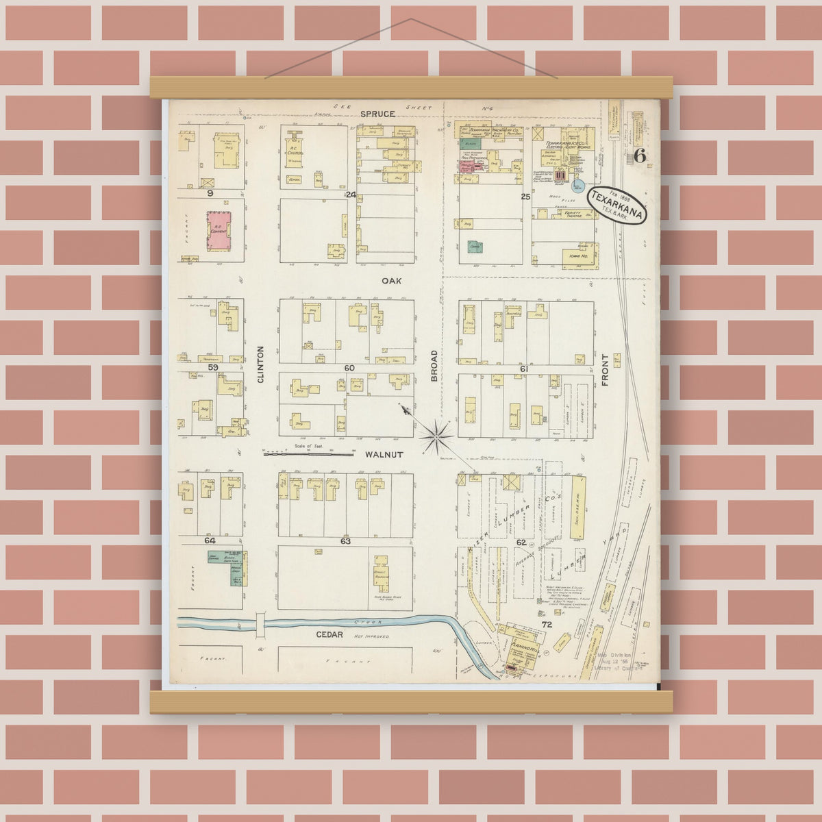 Old map wall art mockup — magnetic wood frame on brick wall — Sanborn Fire Insurance Map from Texarkana, Bowie County, Texas (1888), Sheet #0006