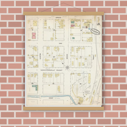 Old map wall art mockup — magnetic wood frame on brick wall — Sanborn Fire Insurance Map from Texarkana, Bowie County, Texas (1888), Sheet #0006