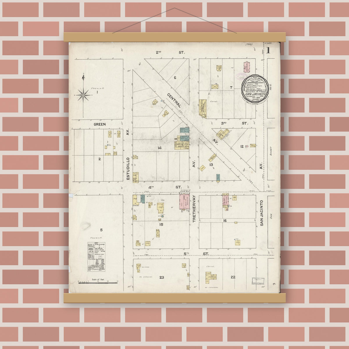 Old map wall art mockup — magnetic wood frame on brick wall — Sanborn Fire Insurance Map from San Jacinto, Riverside County, California (1888) - Complete Map Set