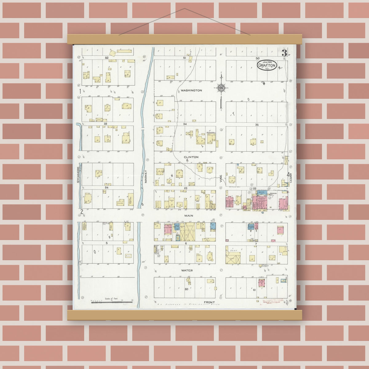 Old map wall art mockup — magnetic wood frame on brick wall — Sanborn Fire Insurance Map from Grafton, Jersey County, Illinois (1914), Sheet #0003
