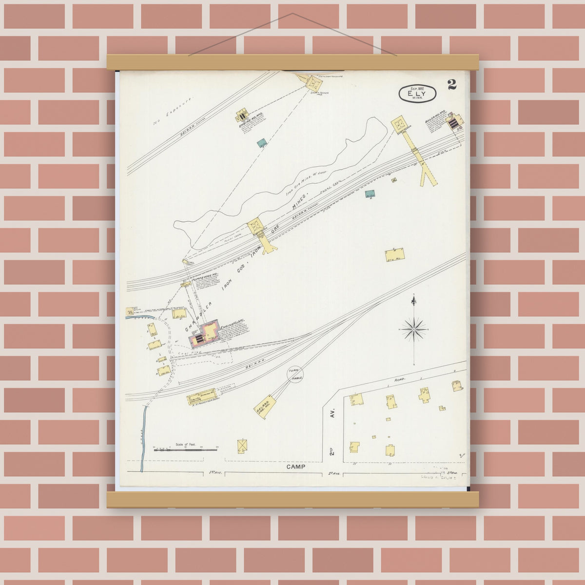 Old map wall art mockup — magnetic wood frame on brick wall — Sanborn Fire Insurance Map from Ely, Saint Louis County, Minnesota (1892), Sheet #0002