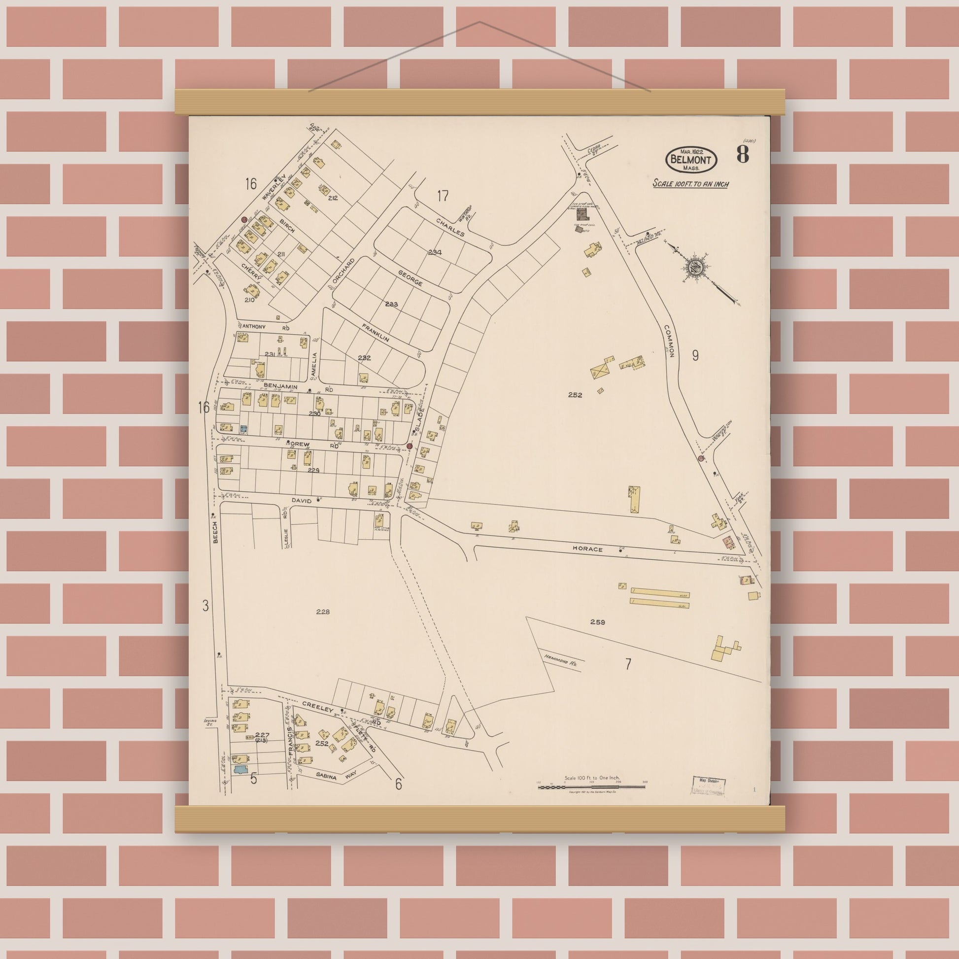 Old map wall art mockup — magnetic wood frame on brick wall — Sanborn Fire Insurance Map from Belmont, Middlesex County, Massachusetts (1922), Sheet #0008