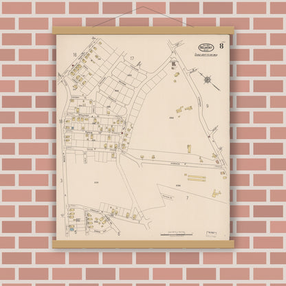 Old map wall art mockup — magnetic wood frame on brick wall — Sanborn Fire Insurance Map from Belmont, Middlesex County, Massachusetts (1922), Sheet #0008