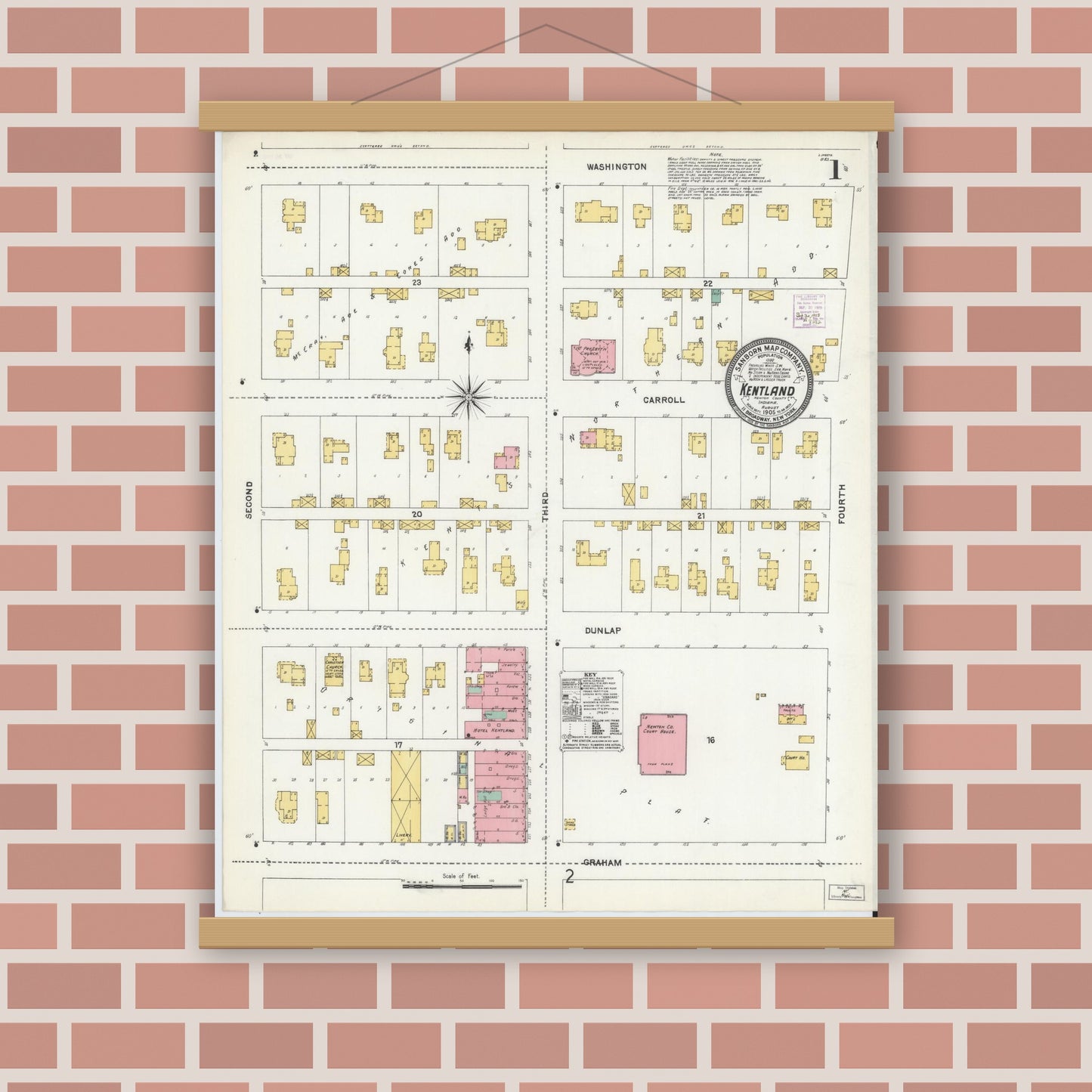 Old map wall art mockup — magnetic wood frame on brick wall — Sanborn Fire Insurance Map from Kentland, Newton County, Indiana (1905) - Complete Map Set