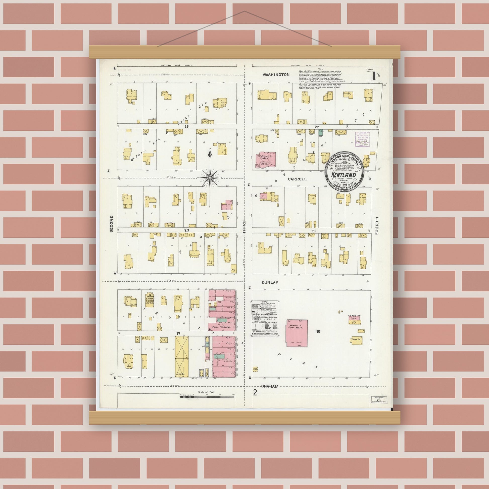 Old map wall art mockup — magnetic wood frame on brick wall — Sanborn Fire Insurance Map from Kentland, Newton County, Indiana (1905) - Complete Map Set