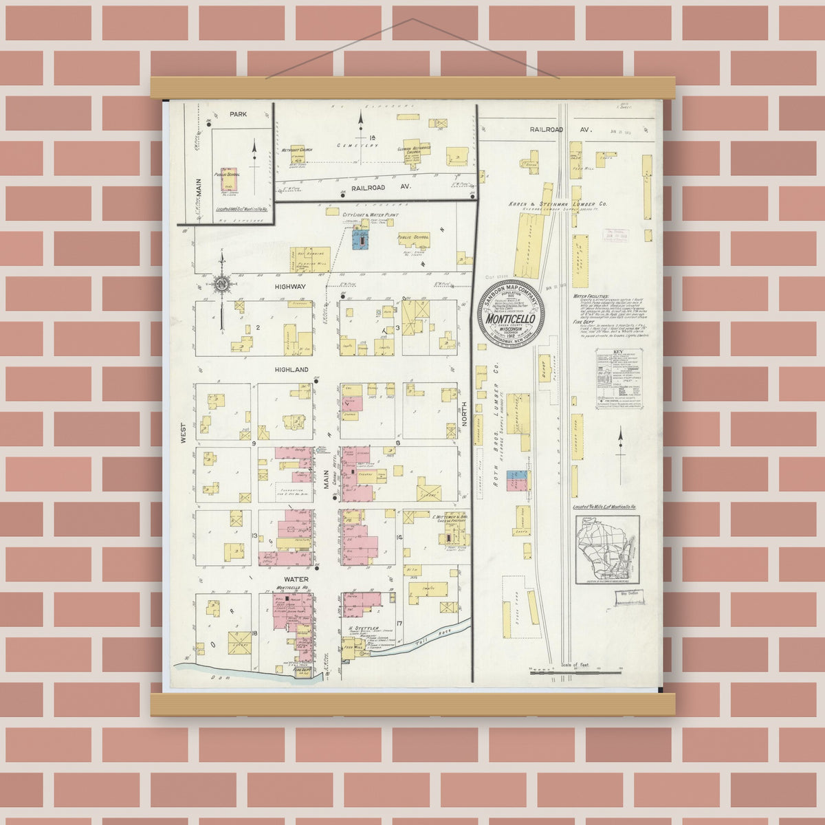 Old map wall art mockup — magnetic wood frame on brick wall — Sanborn Fire Insurance Map from Monticello, Green County, Wisconsin (1912), Sheet #0001