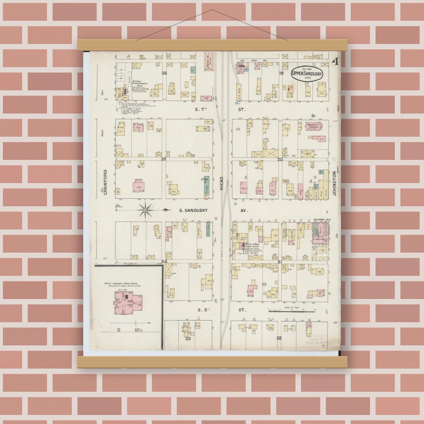 Old map wall art mockup — magnetic wood frame on brick wall — Sanborn Fire Insurance Map from Upper Sandusky, Wyandot County, Ohio (1888), Sheet #0004