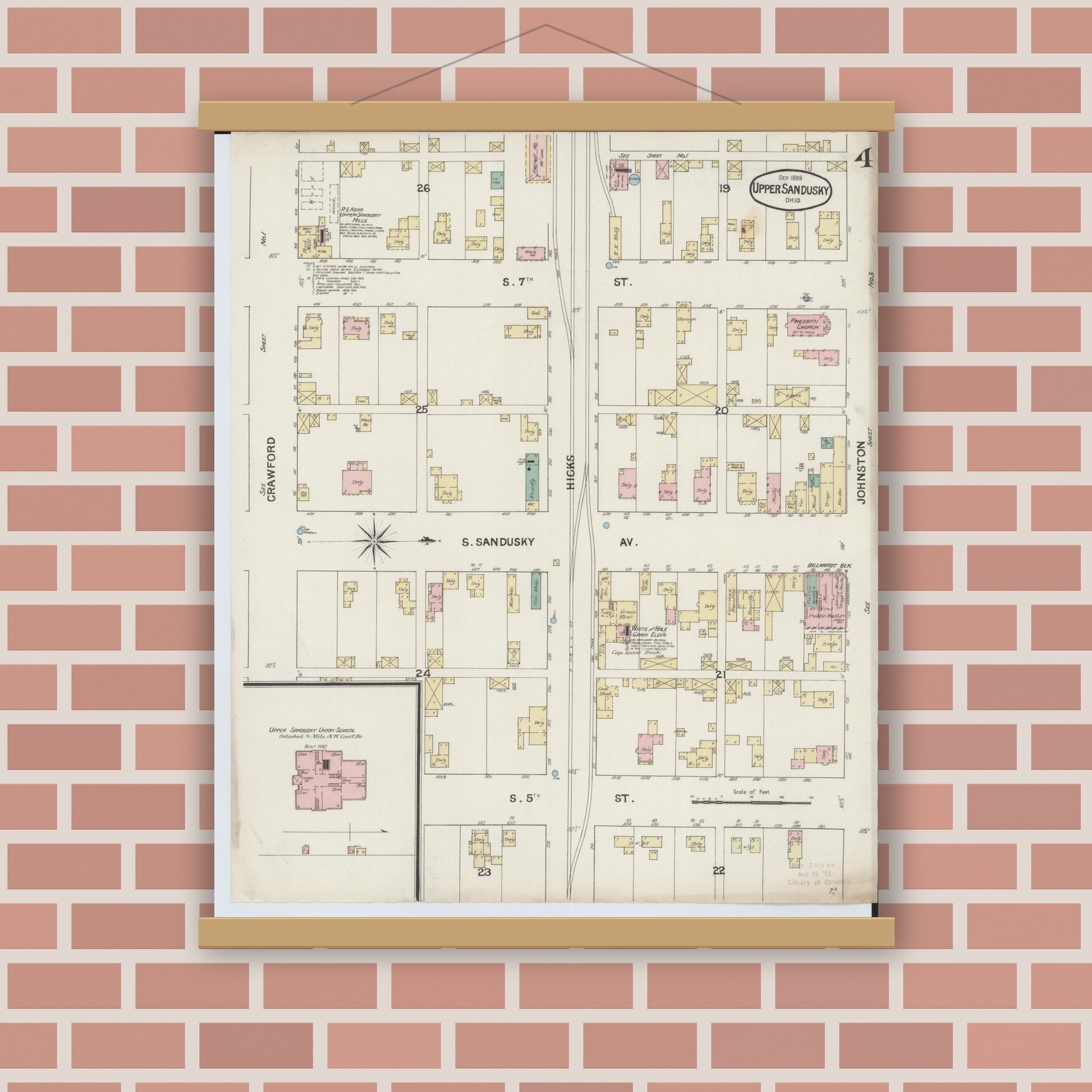 Old map wall art mockup — magnetic wood frame on brick wall — Sanborn Fire Insurance Map from Upper Sandusky, Wyandot County, Ohio (1888), Sheet #0004