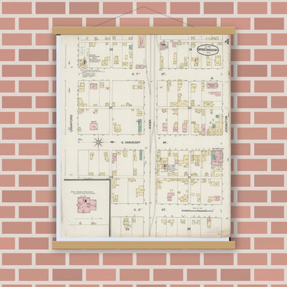 Old map wall art mockup — magnetic wood frame on brick wall — Sanborn Fire Insurance Map from Upper Sandusky, Wyandot County, Ohio (1888), Sheet #0004