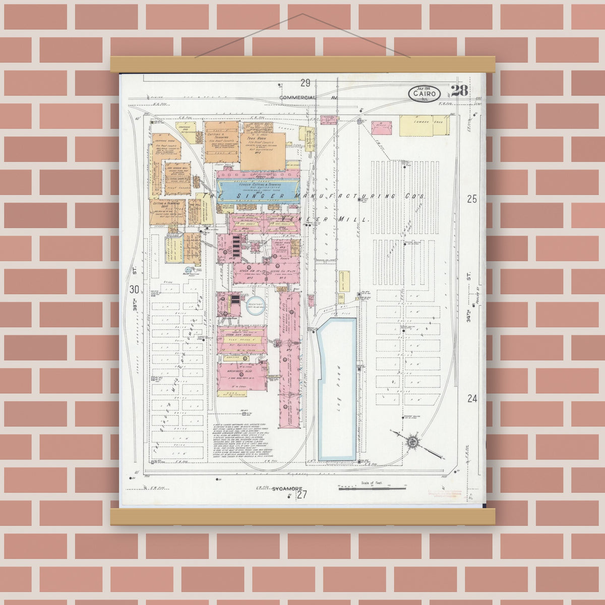 Old map wall art mockup — magnetic wood frame on brick wall — Sanborn Fire Insurance Map from Cairo, Alexander County, Illinois (1914), Sheet #0028