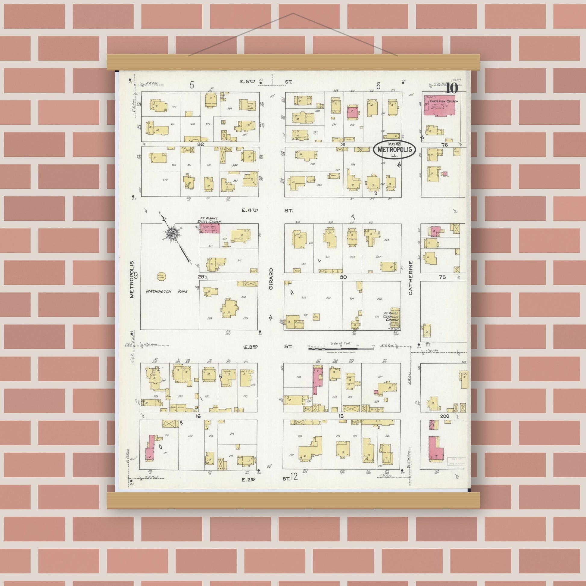 Old map wall art mockup — magnetic wood frame on brick wall — Sanborn Fire Insurance Map from Metropolis, Massac County, Illinois (1921), Sheet #0010