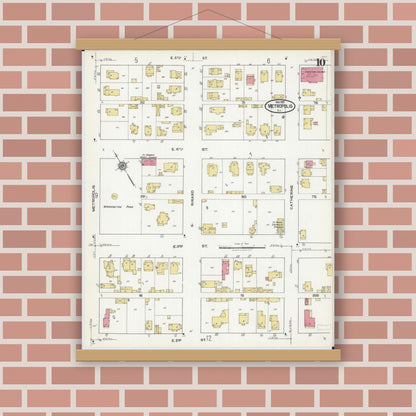 Old map wall art mockup — magnetic wood frame on brick wall — Sanborn Fire Insurance Map from Metropolis, Massac County, Illinois (1921), Sheet #0010