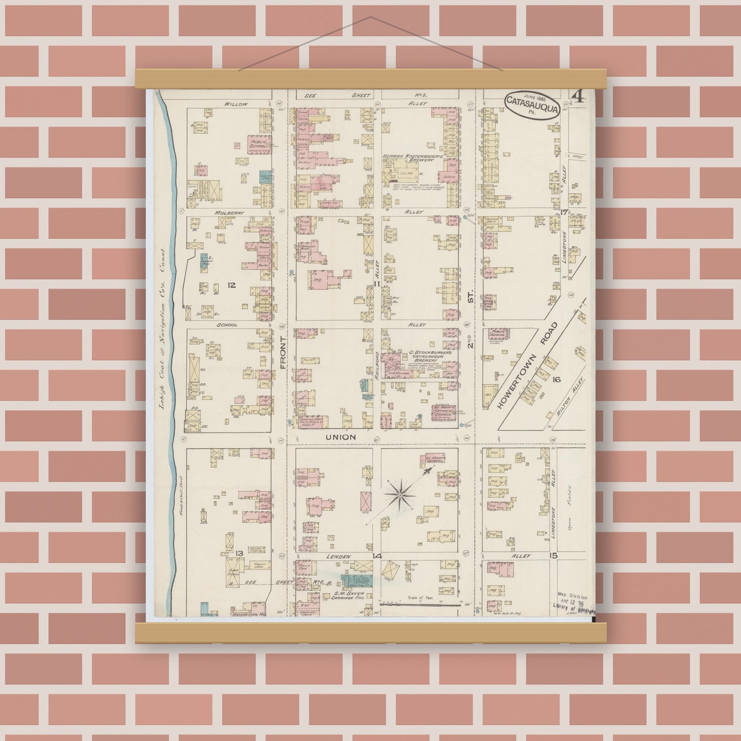 Old map wall art mockup — magnetic wood frame on brick wall — Sanborn Fire Insurance Map from Catasauqua, Lehigh County, Pennsylvania (1885), Sheet #0004