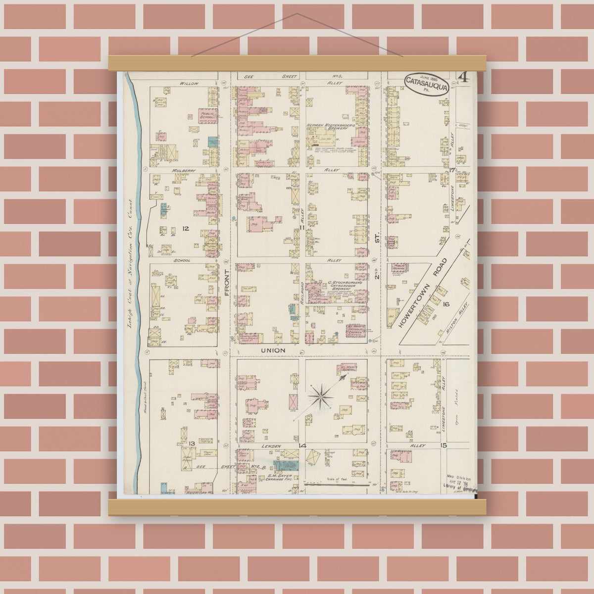 Old map wall art mockup — magnetic wood frame on brick wall — Sanborn Fire Insurance Map from Catasauqua, Lehigh County, Pennsylvania (1885), Sheet #0004