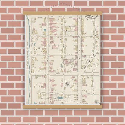 Old map wall art mockup — magnetic wood frame on brick wall — Sanborn Fire Insurance Map from Catasauqua, Lehigh County, Pennsylvania (1885), Sheet #0004