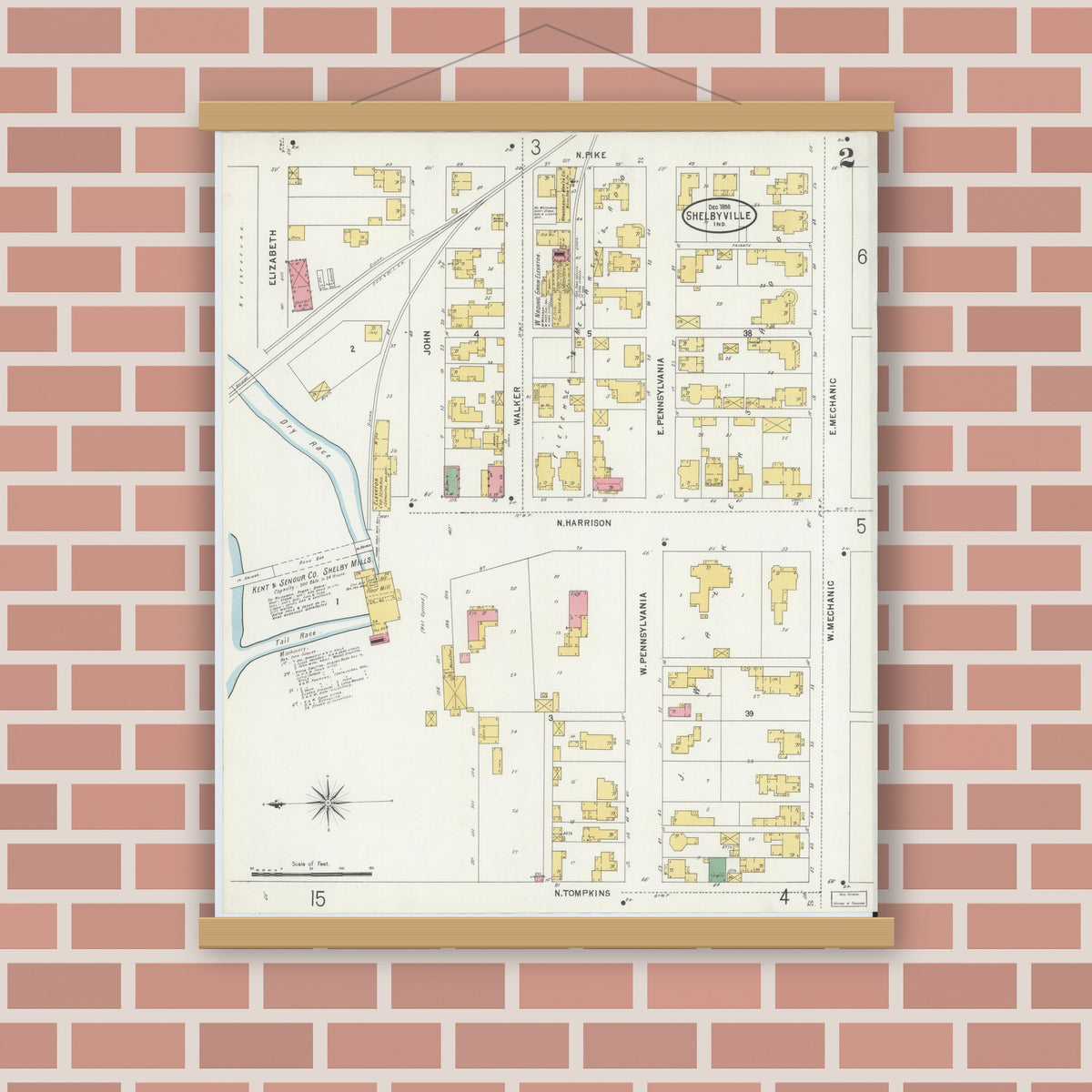 Old map wall art mockup — magnetic wood frame on brick wall — Sanborn Fire Insurance Map from Shelbyville, Shelby County, Indiana (1898), Sheet #0002
