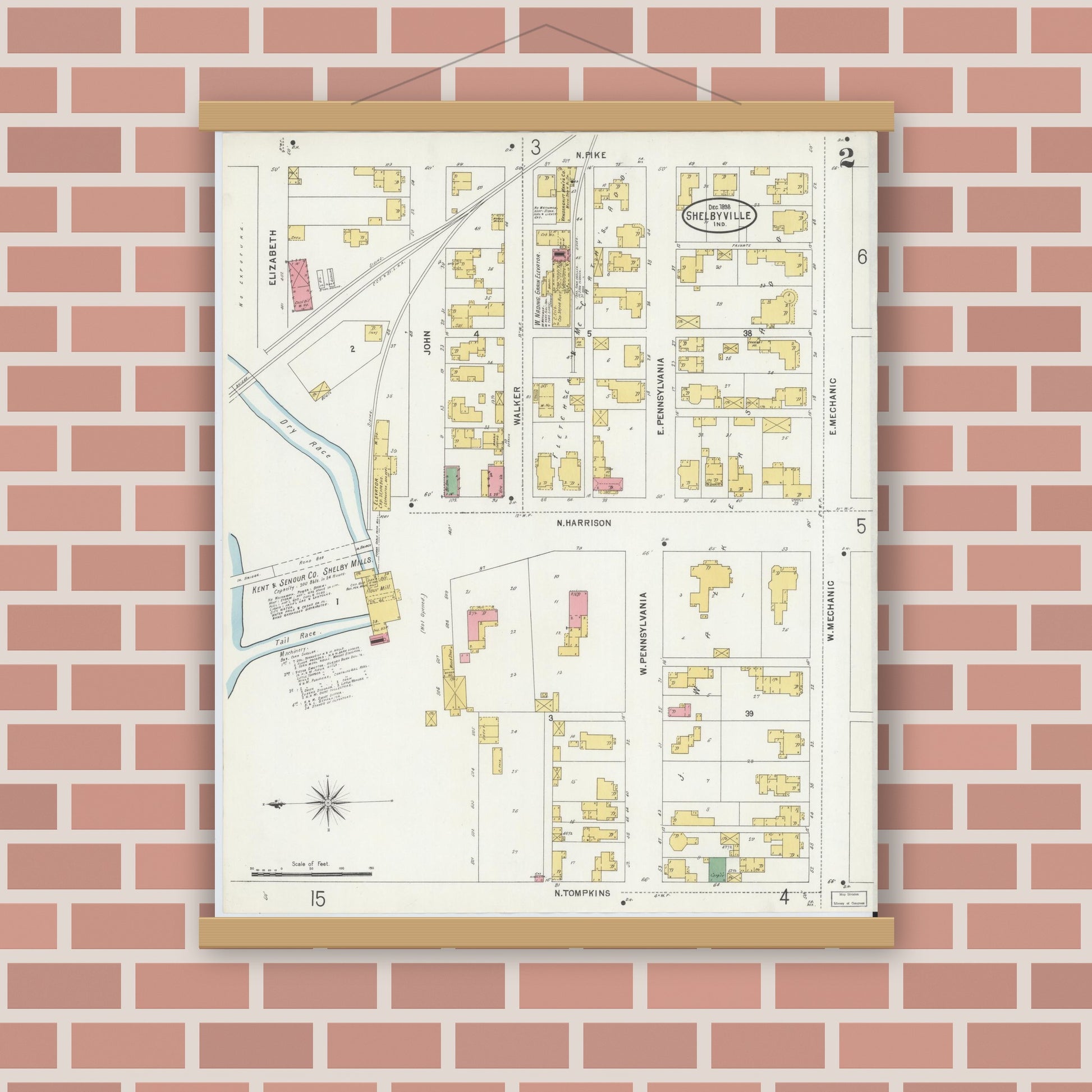 Old map wall art mockup — magnetic wood frame on brick wall — Sanborn Fire Insurance Map from Shelbyville, Shelby County, Indiana (1898), Sheet #0002
