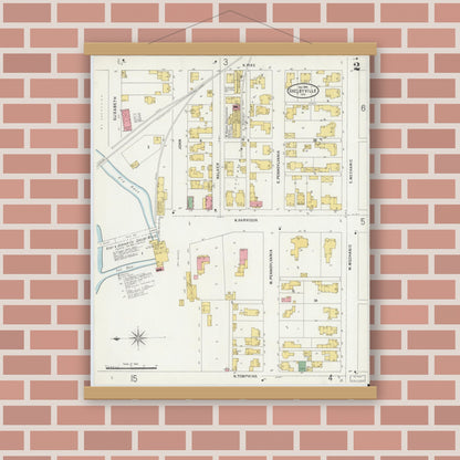 Old map wall art mockup — magnetic wood frame on brick wall — Sanborn Fire Insurance Map from Shelbyville, Shelby County, Indiana (1898), Sheet #0002
