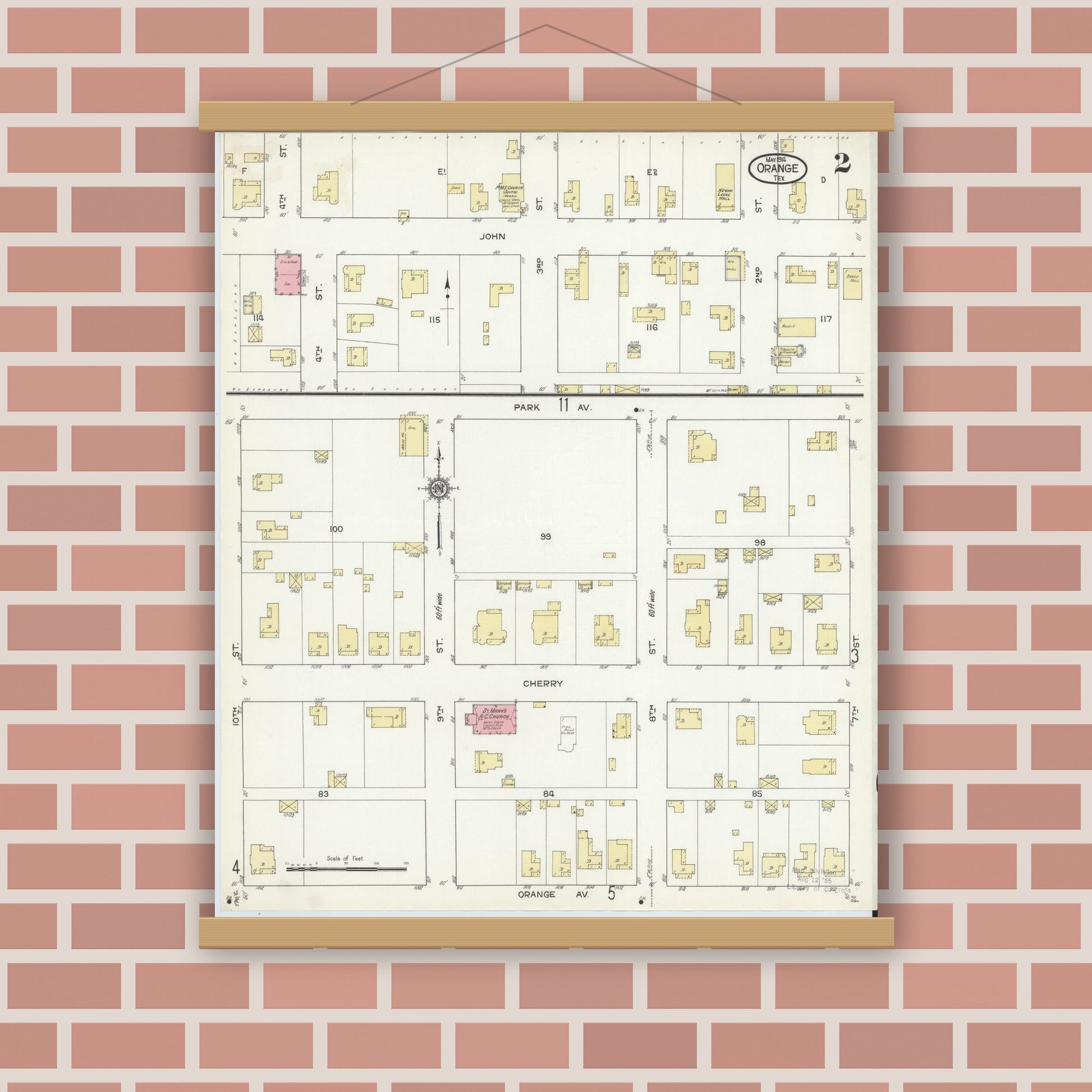 Old map wall art mockup — magnetic wood frame on brick wall — Sanborn Fire Insurance Map from Orange, Orange County, Texas (1914), Sheet #0002