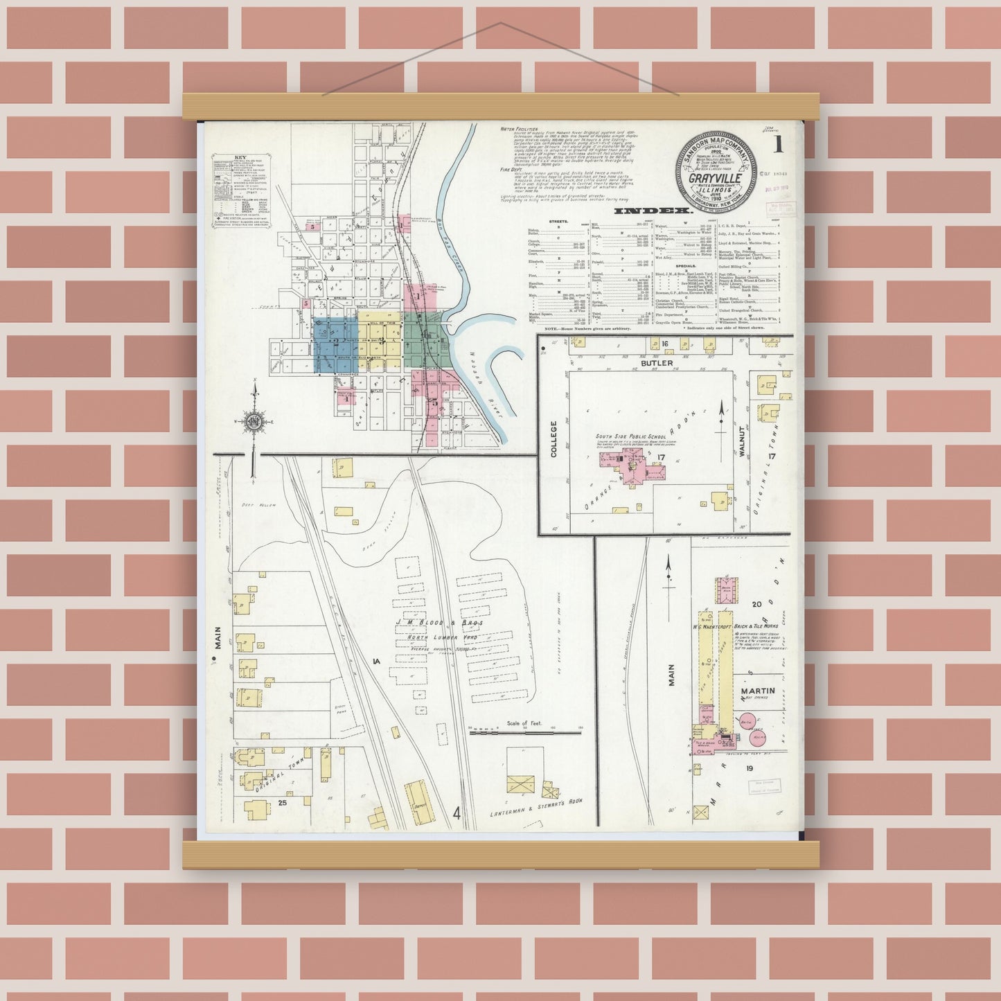 Old map wall art mockup — magnetic wood frame on brick wall — Sanborn Fire Insurance Map from Grayville, White And Edwards Counties, Illinois (1910) - Complete Map Set