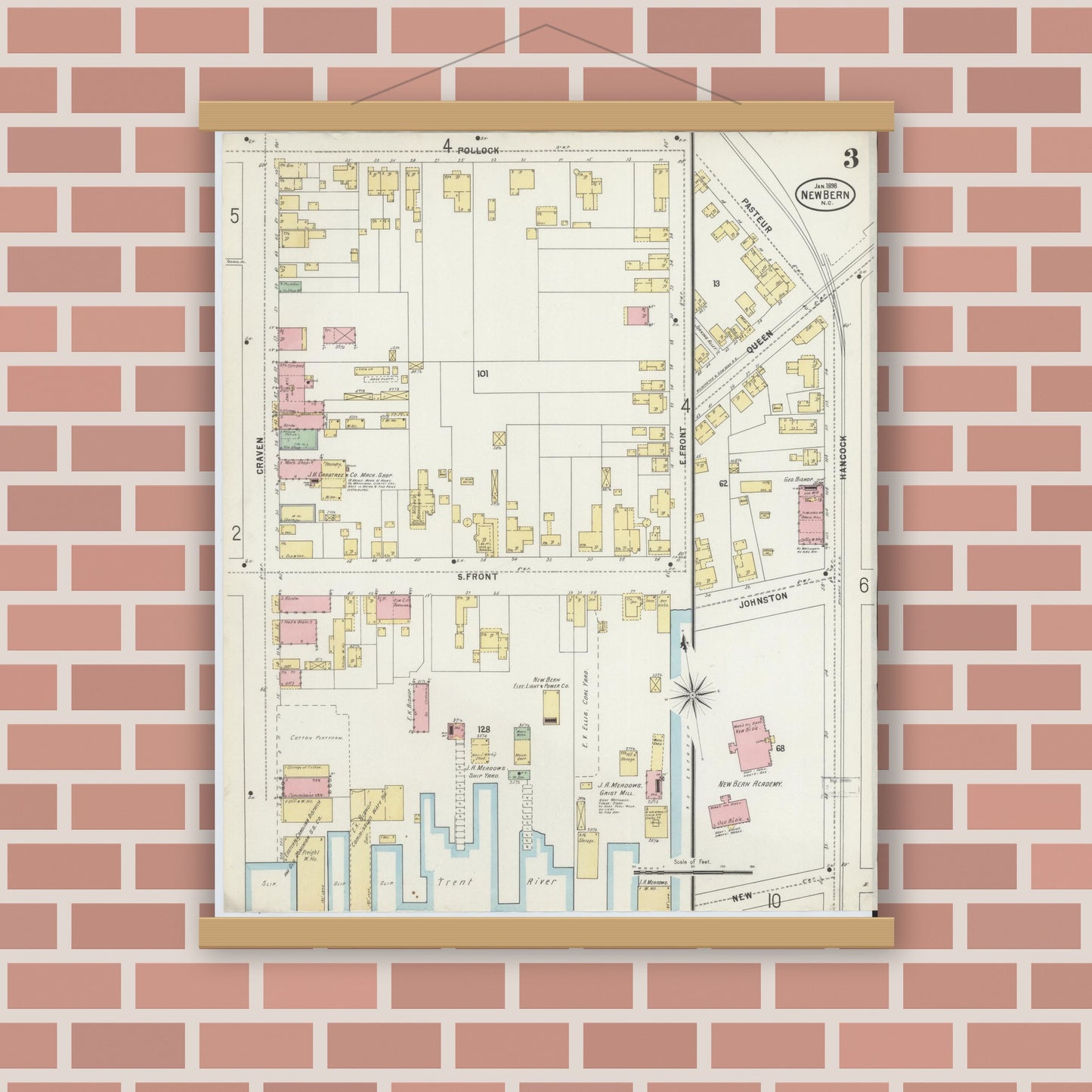 Old map wall art mockup — magnetic wood frame on brick wall — Sanborn Fire Insurance Map from New Bern, Craven County, North Carolina (1898), Sheet #0003