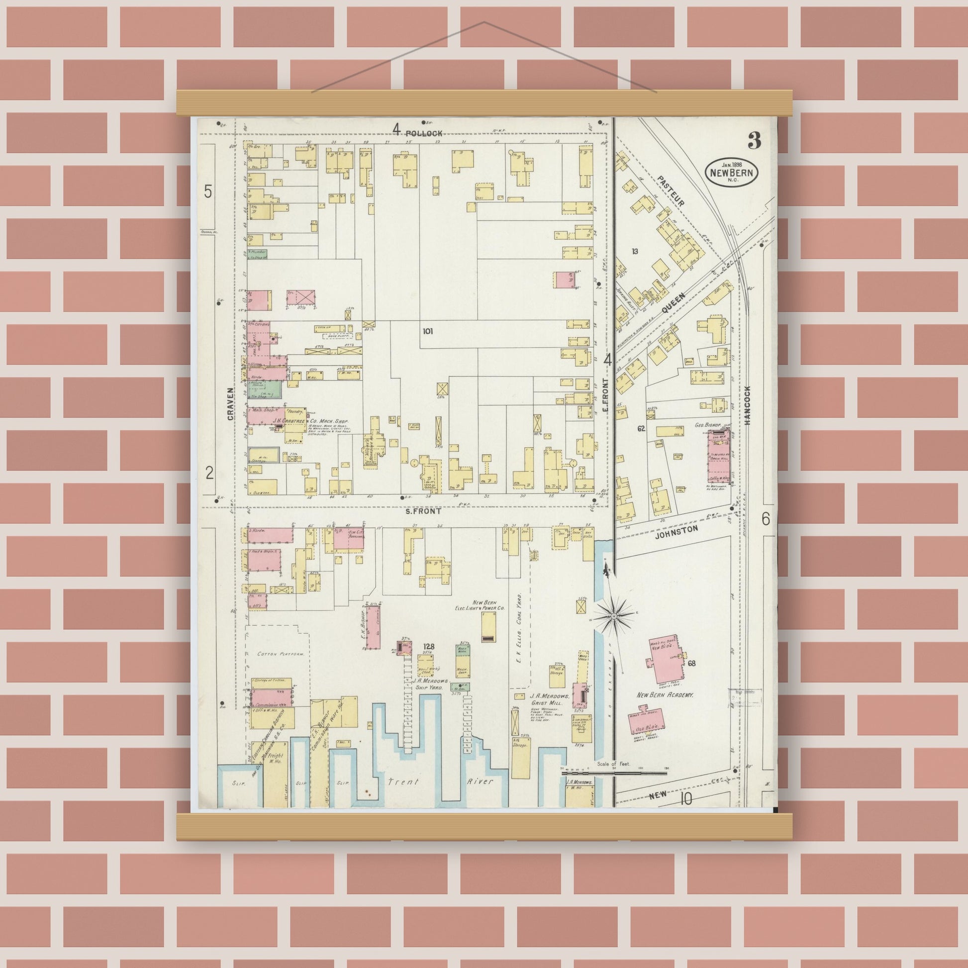 Old map wall art mockup — magnetic wood frame on brick wall — Sanborn Fire Insurance Map from New Bern, Craven County, North Carolina (1898), Sheet #0003