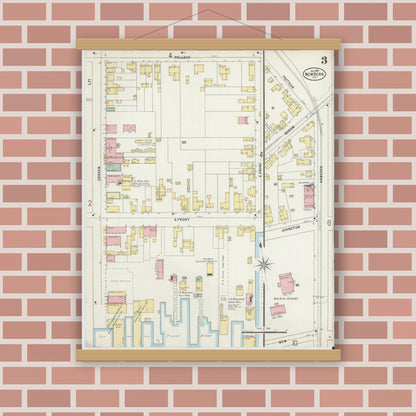 Old map wall art mockup — magnetic wood frame on brick wall — Sanborn Fire Insurance Map from New Bern, Craven County, North Carolina (1898), Sheet #0003