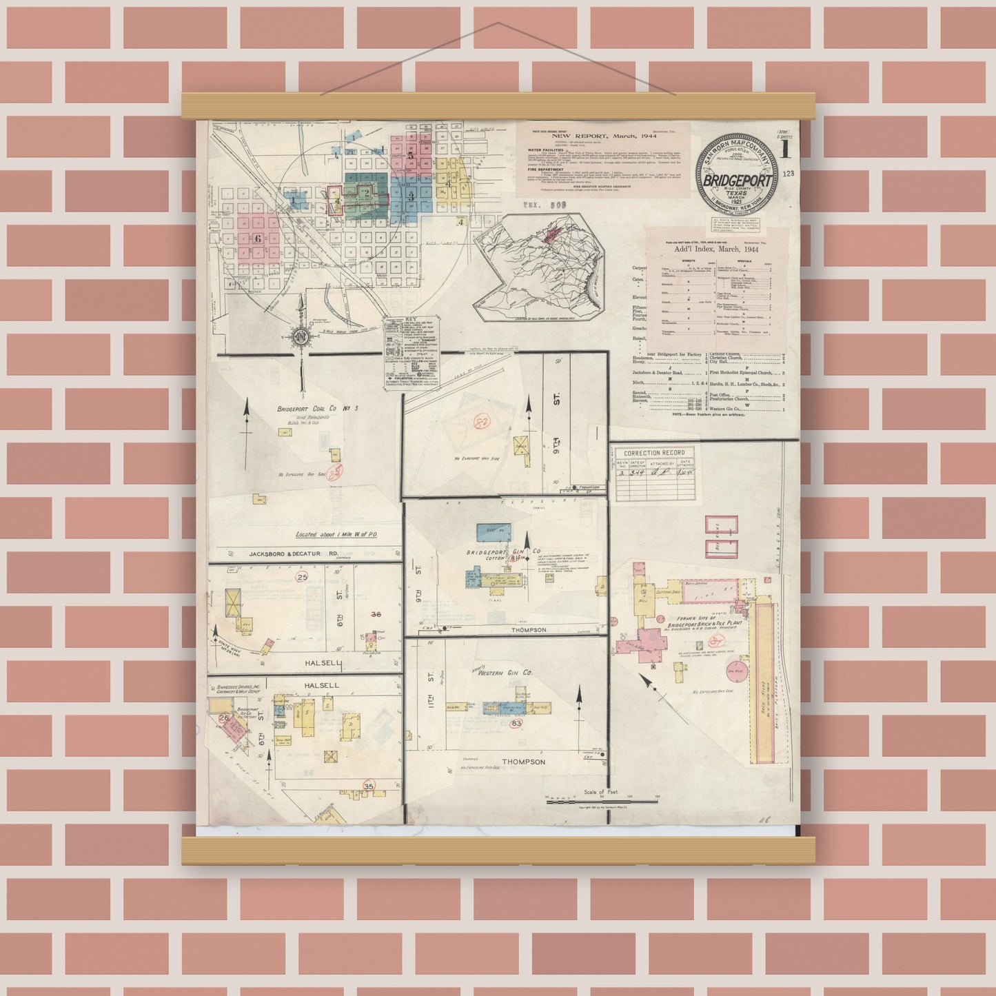 Old map wall art mockup — magnetic wood frame on brick wall — Sanborn Fire Insurance Map from Bridgeport, Wise County, Texas (1944), Sheet #0001
