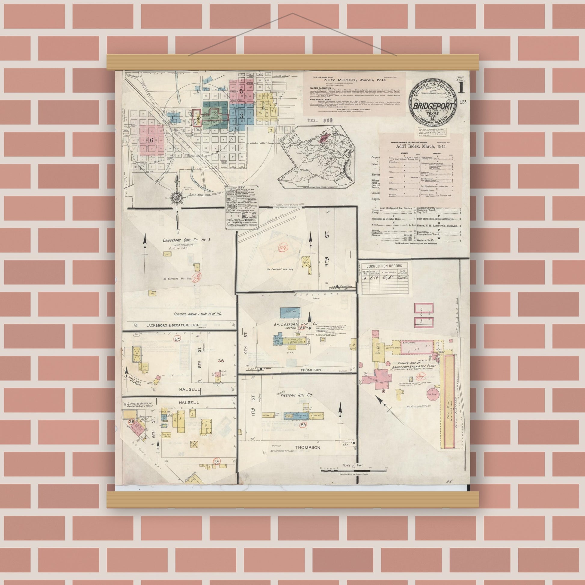 Old map wall art mockup — magnetic wood frame on brick wall — Sanborn Fire Insurance Map from Bridgeport, Wise County, Texas (1944), Sheet #0001