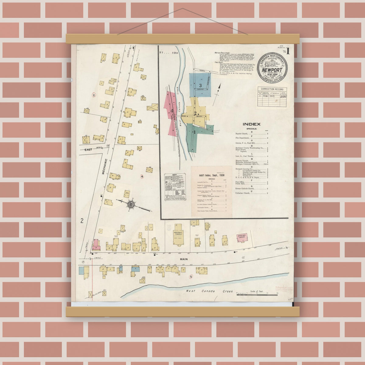 Old map wall art mockup — magnetic wood frame on brick wall — Sanborn Fire Insurance Map from Newport, Herkimer County, New York (1938) - Complete Map Set