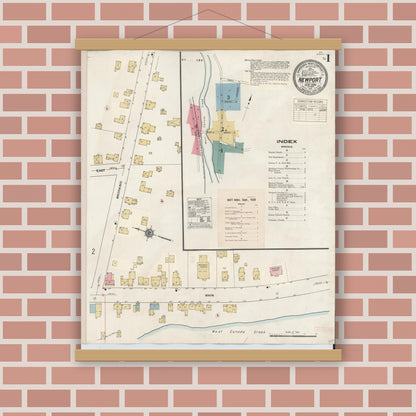 Old map wall art mockup — magnetic wood frame on brick wall — Sanborn Fire Insurance Map from Newport, Herkimer County, New York (1938) - Complete Map Set