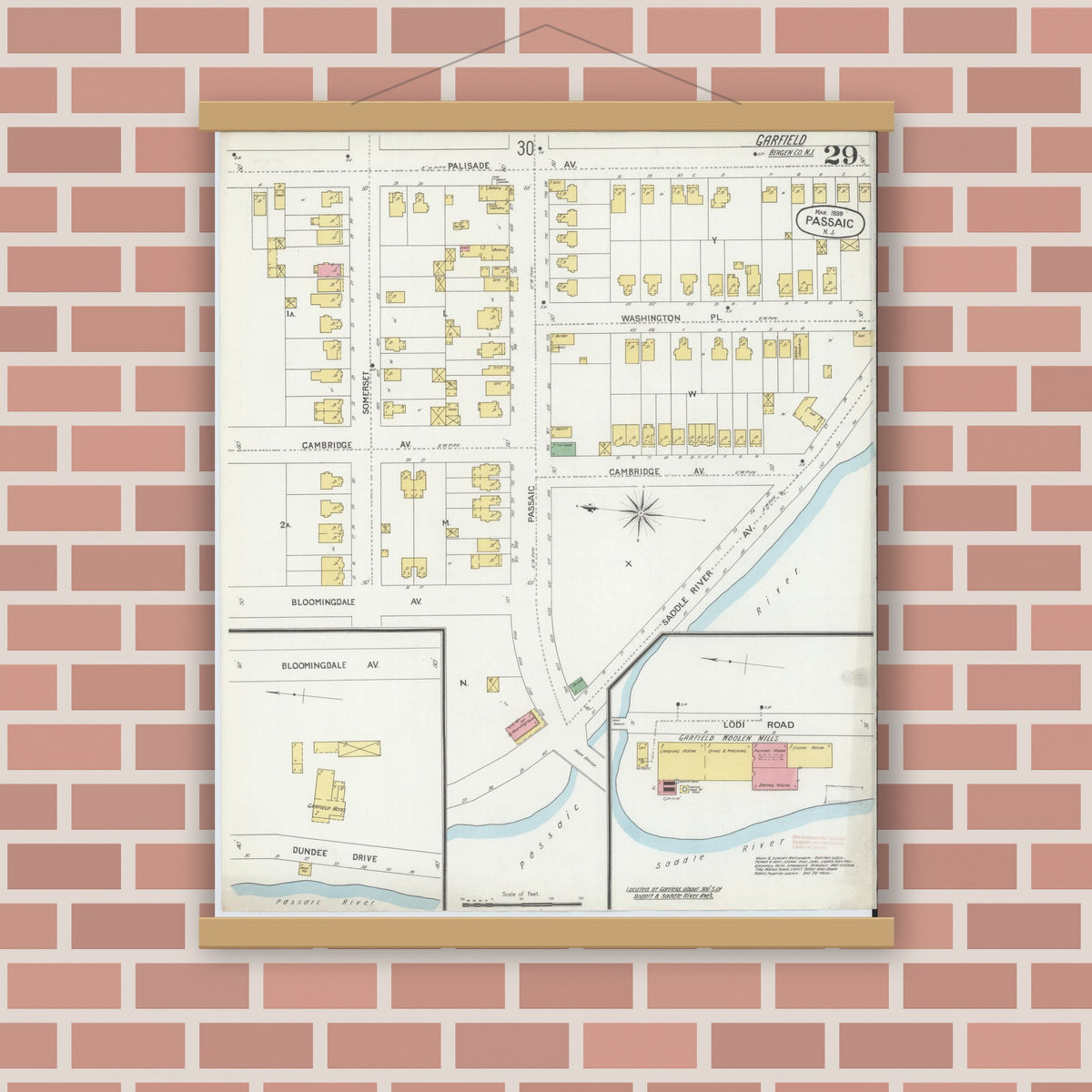 Old map wall art mockup — magnetic wood frame on brick wall — Sanborn Fire Insurance Map from Passaic, Passaic County, New Jersey (1899), Sheet #0029
