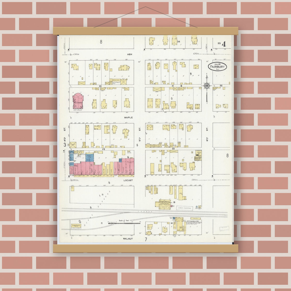 Old map wall art mockup — magnetic wood frame on brick wall — Sanborn Fire Insurance Map from Fairbury, Livingston County, Illinois (1911), Sheet #0004
